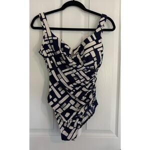 Miraclesuit Woman Size 12 Swimsuit One Piece Navy White Silver V-Neck